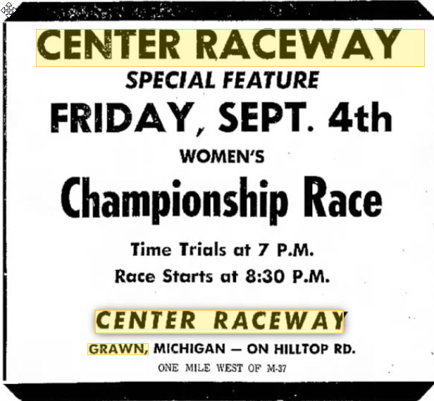 Center Raceway - Sep 3 1970 Ad